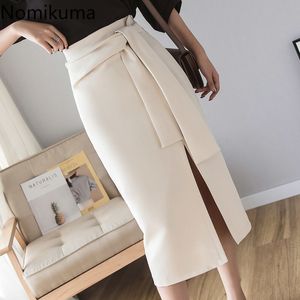 Nomikuma Hoge Taille Lace Up Black Rok Dames Split Solid Color Side Rits Elegant Ol Skirts Office Ladies Spring 3A263 210514