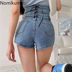 Nomikuma Hoge getailleerde Demin Shorts Dames Zomer Nieuwe Back Bandage Single Breasted Skinny Jeans Korte Femme Sexy Bottoms 6H338 210427