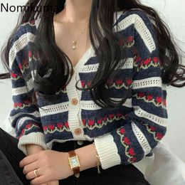 Nomikuma évider contraste couleur à manches longues Cardigan col en V simple boutonnage coréen pull femmes Vintage mode hauts 3b966 210514