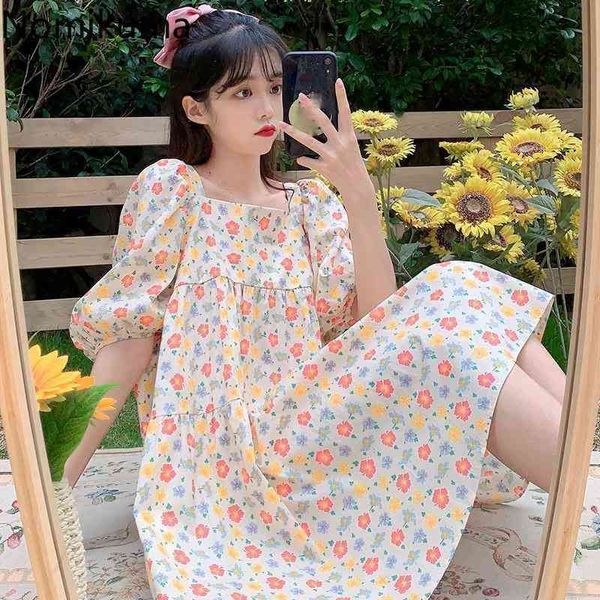 Nomikuma japon Style doux Robe d'été femmes Robe Femme col carré manches bouffantes robes Chic imprimé fleuri Vestidos 210514