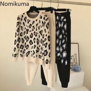 Nomikuma tricoté 2 pièces ensemble femmes à manches longues col rond pull léopard + taille à lacets sarouel tenues 6C116 210427