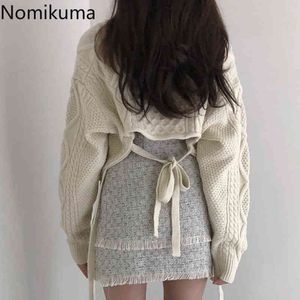 Nomikuma, suéter recortado elegante coreano para Mujer, jersey de punto de manga larga con cordones en la espalda, jerséis Vintage Sueter para Mujer 3d203 210514