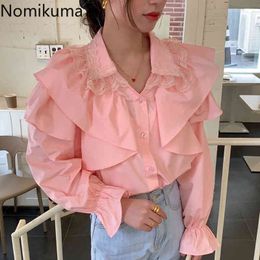 NOMIKUMA COREAN CHIMES chic Blusas Femme Femme Ruffle Lace Patchwork à manches longues Blousa Femmes Single Breasted Tops Ladies 3E084 210514