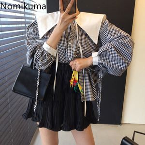 NOMIKUMA COREAN CHIC SPRING 2PICES SETS SPUT COLOR COLOR COLLOR LANTER LANTER LANDE CLAID PLaid + taille plissée haute taille 6F561 210427