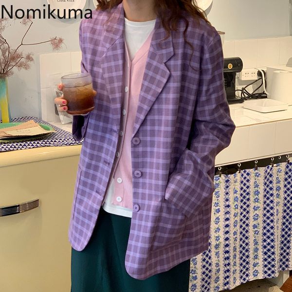 Nomikuma Moda coreana Púrpura Plaid Blazer Mujeres Single Breasted Manga larga Casual Chaquetas sueltas Tops Mujer Ropa Mujer 3c050 210514