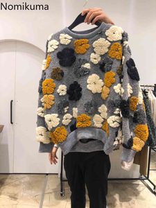 Nomikuma Koreaanse bloemen Jacquard Pullover Sweatshirt Herfst Winter Dikke Hoodies Causale Lange Mouw O-hals Top Jumper 6D482 210427