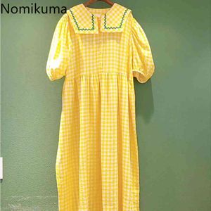Nomikuma Koreaanse plaid vrouwen jurk zoete peter pan kraag bladerdeeg mouw vestidos femme causale hoge taille A-lijn jurken 6h122 210427