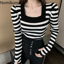 Nomikuma, jerséis de rayas coreanas, suéter de manga abombada con cuello cuadrado de Color en contraste, jerséis, Tops de punto básicos de moda informal 210514