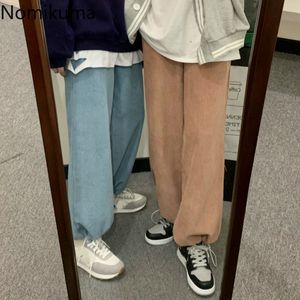 Nomikuma Koreaanse stijl corduroy casual broek vrouwen effen kleur rechte losse broek trekkoord herfst pantalones 3D487 210514