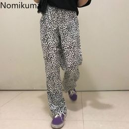 Nomikuma Koreaanse stijl retro streetwear luipaard bedrukte broek vrouwen losse hoge taille rechte casual broek pantalonen 3D054 210514
