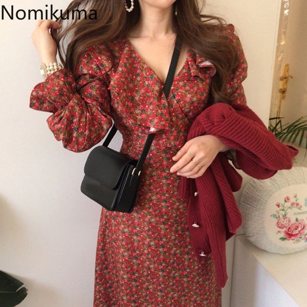 Nomikuma estilo coreano con cuello en V vestido de manga larga mujeres volantes patchwork cintura delgada vestidos estampados florales femeninos vestidos elegantes 210514