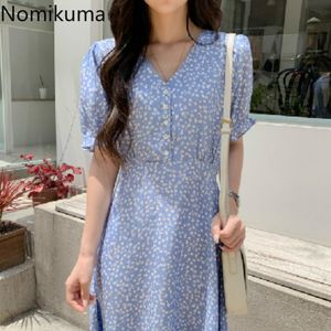 Nomikuma coréen Vintage col en V robe à manches bouffantes taille mince robes imprimées florales femme élégante vêtements doux robes 3b878 210514