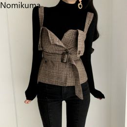 Nomikuma mujeres coreanas elegantes conjuntos de 2 piezas sin mangas a cuadros cinturón chaleco delgado + medio cuello alto manga larga Baisc prendas de punto 6C168 210427