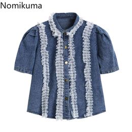 Nomikuma Kant Patchwork Dames Jean Blouse Sweet Peter Pan Collar Koreaanse Shirts Zomer Bladerdeeg Korte Mouw Demin Blusas 6G864 210427