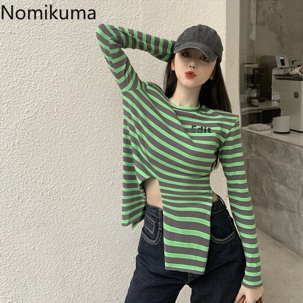 Nomikuma T-shirt rayé à manches longues High Street Graphic Tees O Neck Split Design Casual Loose Tops Korean Letter Printed Tshirt 210514