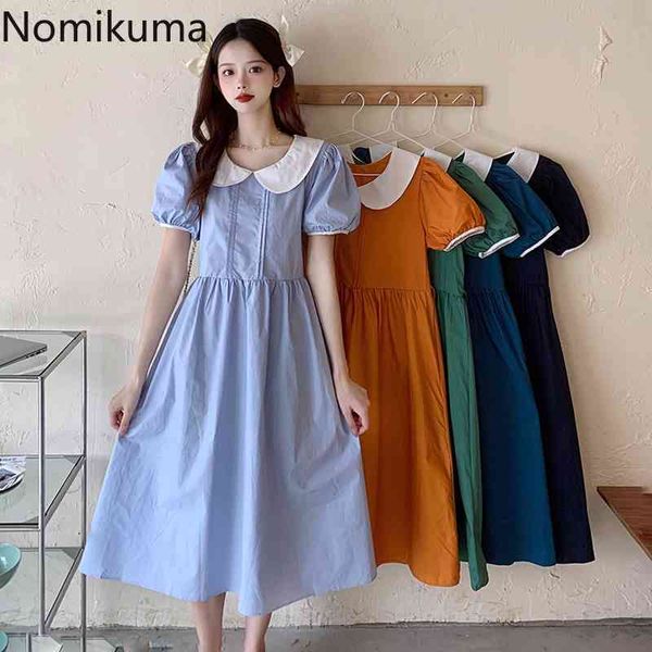 Nomikuma col claudine Robe douce femmes taille mince à manches courtes une ligne robes Femme Style coréen arrivée Robe Femme 210514