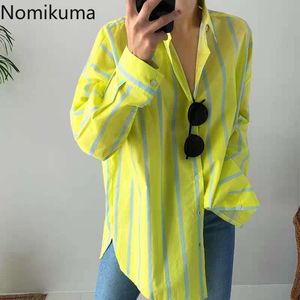 Nomikuma Plus Size 3XL Striped Shirts Dames Turn Down Collar Long Mouw Blouse Single Breasted Casual Koreaans Chic Blusas Mujer 210514