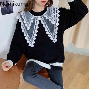Nomikuma Plus Size Gebreide Sweater Dames Contrast Kleur Kant Patchwork Lange Mouw Herfst Pullover Jumpers ChiCh Ladies 3D719 210514