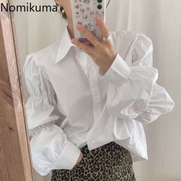 Nomikuma, camisas de manga abullonada para Mujer, blusa informal de Color sólido con un solo pecho, blusa femenina con cuello vuelto, Blusas de estilo coreano para Mujer 210514