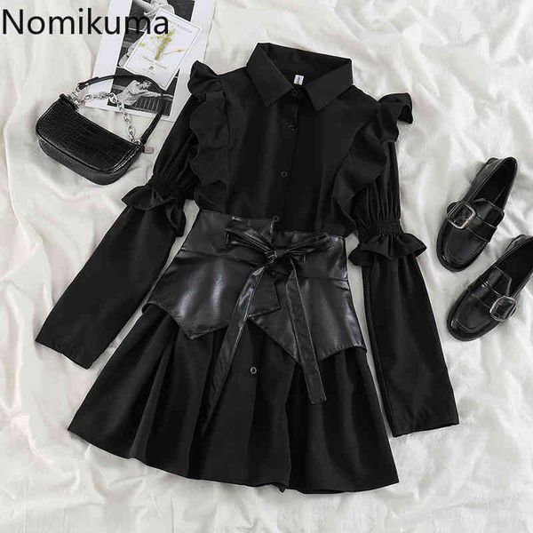 Nomikuma Ruffle Black Femmes Blouse Robe à manches longues à manches longues Robes à col rabattu Bow Tie Slim Taille Robes 6D761 210427