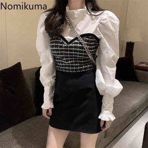 Nomikuma ruches tribune nek vrouwen blouse Koreaanse mode puff lange mouw shirt patchwork nep twee stukken blusa top 6d778 210401