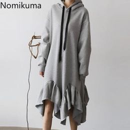 Nomikuma Ruffle Sudadera Vestido Mujer Casual Flojo Manga larga Vestidos con capucha Mujer Color Sólido Vestidos Coreanos Mujer 3D414 210514