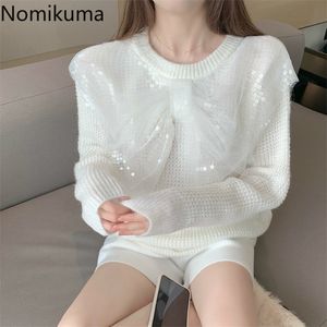 Nomikuma lovertjes boog knot patchwork pullover jumpers o hals lange mouw herfst Koreaanse zoete trui vrouwen ropa mujer 3D569 210514