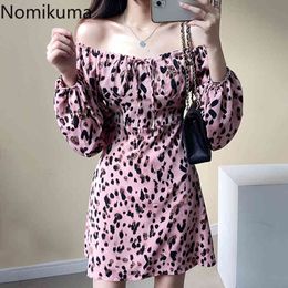 Nomikuma Sexy Slash Cou Bow Tie Robes Coréen Slim Taille A-Line Mini Robes Printemps Nouveau Léopard Femmes Robe 6E040 210427