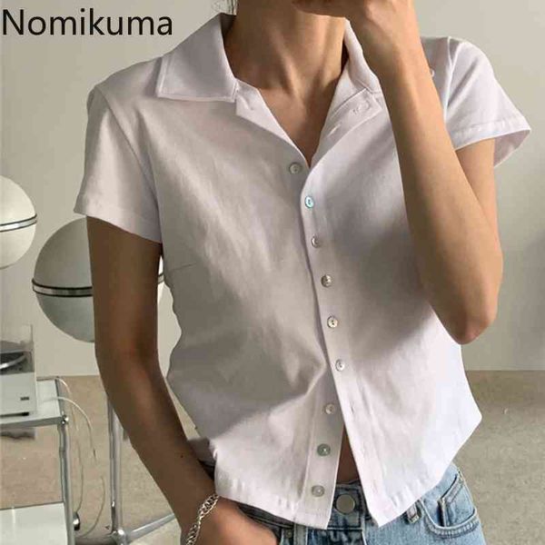 Nomikuma Single Breasted Vintage T Shirts Turn Down Collar Manga corta Verano Tops básicos Mujeres Color Sólido Chic Camisetas 210514