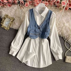 Nomikuma lente nieuwe blouse jurk sets causale lange mouwen shirt jurken + demin mouwloze vest Koreaanse elegante pakken 6F432 210427