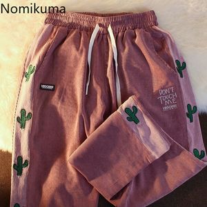 Nomikuma printemps nouveau velours côtelé femmes pantalon coréen Hit couleur Cactus broderie pantalons longs cordon taille haute pantalon 6F620 210427