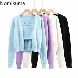 Nomikuma Spring Nieuwe Mohair Cardigan Sets Basic Sling Vest + Logn Mouw O-hals Single Breasted Coat Dames Outfits 6F130 210427