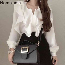 NOMIKUMA Spring Ruffle Blouse Shirt Causal Vneck Puff Long Manches Femmes Tops Corée Fashion Blusas Feminimos 6d807 210401