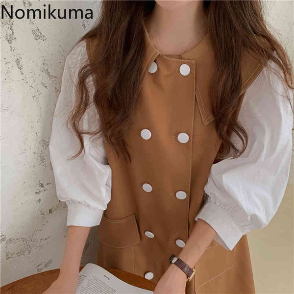 Nomikuma Spring Peter Pan Collar Vestido de mujer Doble Breasted Hit Color Puff Manga Patchwork Vestidos Femme Vestidos 6E870 210427