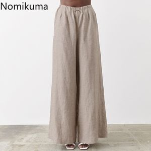 Nomikuma printemps été coton lin femmes pantalons à lacets taille haute pantalons longs casual mince large jambe pantalon Mujer 6F767 210427