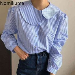 Nomikuma gestreepte vrouwen blouse zoete peter pan kraag Koreaans zoete shirt veer causale puff mouw blusas mujer 6e003 210401