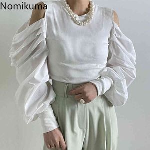 Nomikuma Zomer Chic Strapless Vrouwen Gebreide Tops Geplooid Puff Sleeve Patchwork Pullovers Nieuwe Koreaanse Slanke Knitwear 6H452 210427