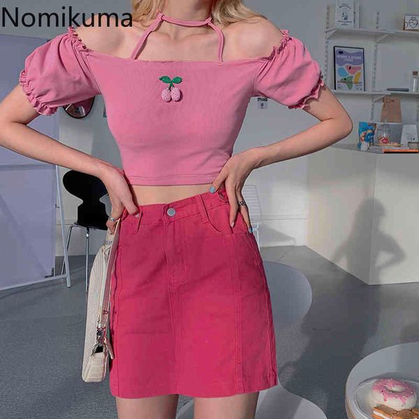 Nomikuma Summer Crop Tops Mujeres 3D Cherry Design Camiseta de manga corta Slim Fit Camisetas de cintura alta Estilo japonés Camisetas dulces 210514