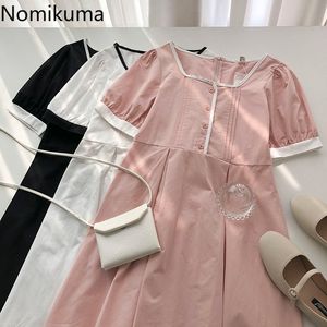 Nomikuma zomerjurk vrouwen contrast kleur vierkante kraag korte mouw een lijn jurken Koreaanse stijl gewaad femme slanke taille vestidos 210514