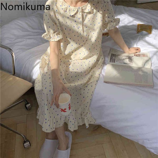 Nomikuma Vestidos de verano Lindo Dulce Impreso Pijamas Vestido Mujeres Manga corta Coreana suelta Casual Ropa para el hogar Vestidos 210514