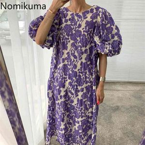 Nomikuma zomer gewaad femme o hals bladerdeeg mouw dres casual losse bloemen bedrukt jurken vrouwelijke Koreaanse vintage vestidos 210623