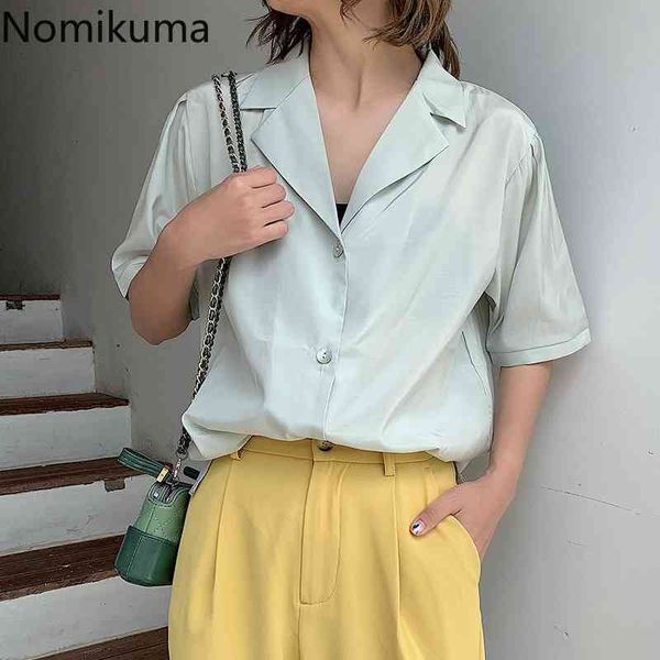 Nomikuma été simple boutonnage à manches courtes Blouses femmes couleur unie légèrement Transparent élégant chemises Blusas 3a131 210514