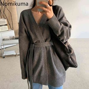 Nomikuma Trui Vrouwen Koreaanse Chic Herfst Winter Knitwear V-hals Slanke Taille Lace Up Lange Mouwen Gebreide Cardigan Dames 3D450 210514