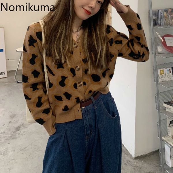 Nomikuma tempérament imprimé léopard Cardigan à manches longues pull veste femmes automne Style coréen lâche hauts courts 3d788 210514