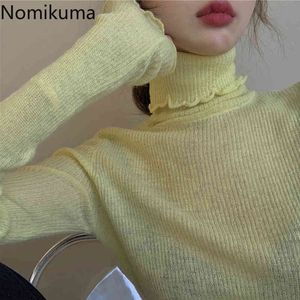 Nomikuma col roulé à manches longues t-shirt femmes couleur unie décontracté coréen Chic mince t-shirts femme légèrement transparent hauts dame 210514