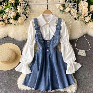 Nomikuma Two Peice Set pour femmes Puff Sleeve Solid Blouse Chemise + Demin Taille haute A-Line Sling Dress Coréen Spring Suits 6E695 210427