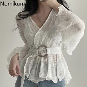Nomikuma v-hals Lange mouwen Blouses Dames Slanke Taille Lace Up Koreaanse Chic Shirts Unicolor See Through All-Match Tops Blusas Mujer 210514
