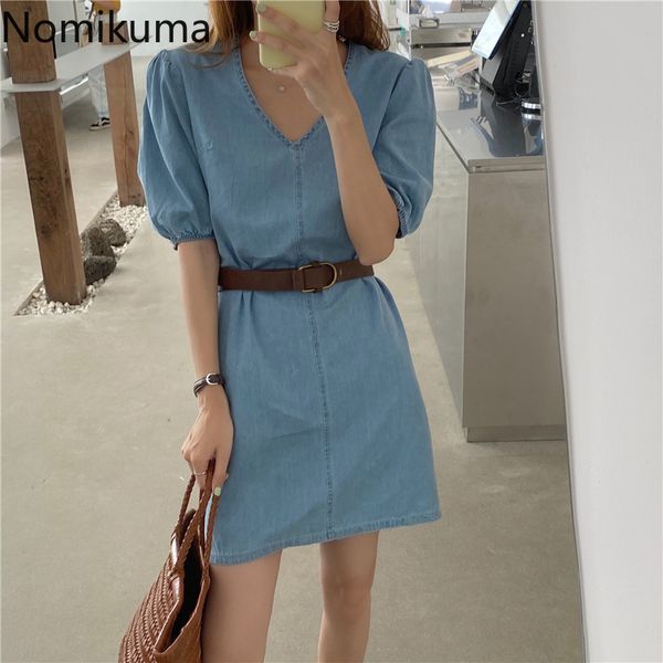 Nomikuma col en V manches bouffantes Denim robe femmes couleur unie ceinture à lacets Vintage robes femme été coréen Vestidos 3b817 210514