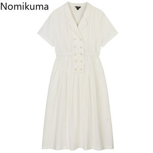 Nomikuma vintage elegante jurk vrouwen effen kleur dubbele breasted korte mouw jurken gekerfd kraag zomer vestidos mujer 210514