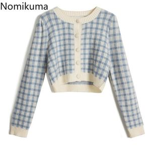 Nomikuma Vintage Plaid Gebreide Cardigan Koreaanse Korte Knit Vrouwen Jas Herfst Lange Mouw O-hals Sweet Crop Top Trui 6D016 210922